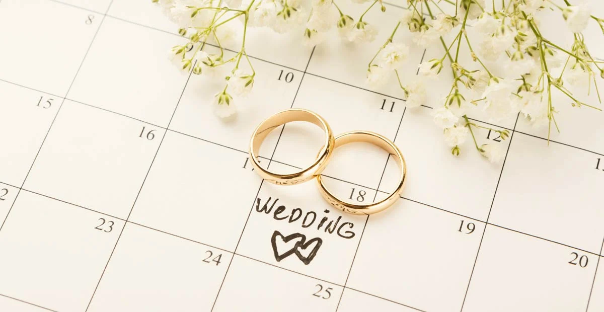 Weekday-wedding Two wedding rings placed on calendar with wedding date highlighted